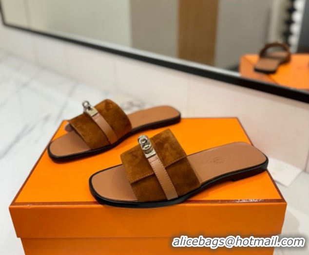 Stylish Hermes Giulia Flat Slides Sandal in Suede with Kelly Buckle Strap Brown 0421048