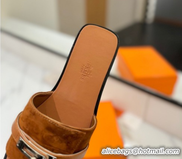 Stylish Hermes Giulia Flat Slides Sandal in Suede with Kelly Buckle Strap Brown 0421048