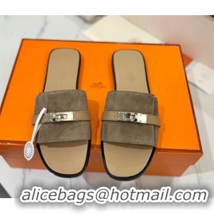 Grade Quality Hermes Giulia Flat Slides Sandal in Suede with Kelly Buckle Strap Grey 0421049