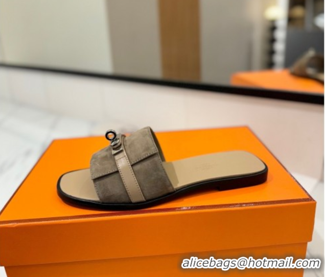 Grade Quality Hermes Giulia Flat Slides Sandal in Suede with Kelly Buckle Strap Grey 0421049