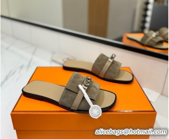 Grade Quality Hermes Giulia Flat Slides Sandal in Suede with Kelly Buckle Strap Grey 0421049