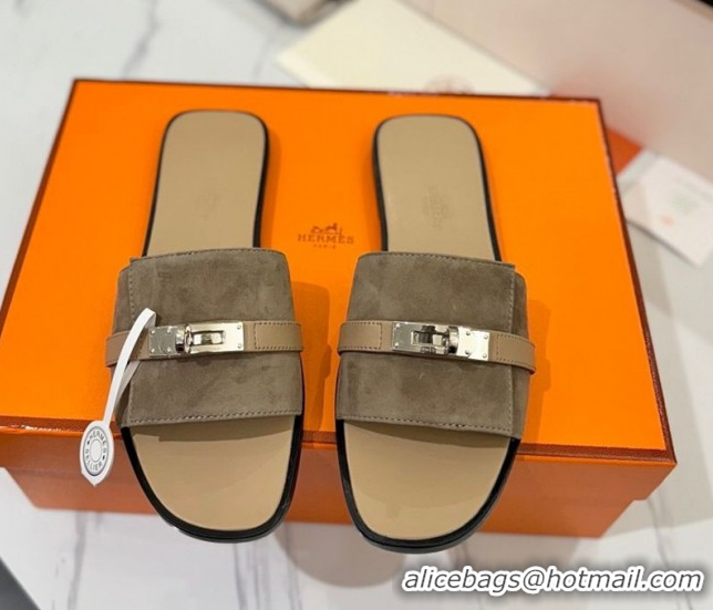 Grade Quality Hermes Giulia Flat Slides Sandal in Suede with Kelly Buckle Strap Grey 0421049