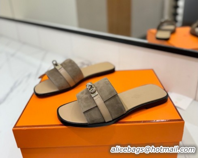 Grade Quality Hermes Giulia Flat Slides Sandal in Suede with Kelly Buckle Strap Grey 0421049