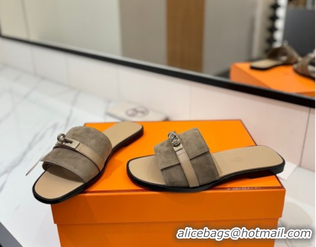 Grade Quality Hermes Giulia Flat Slides Sandal in Suede with Kelly Buckle Strap Grey 0421049
