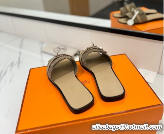 Grade Quality Hermes Giulia Flat Slides Sandal in Suede with Kelly Buckle Strap Grey 0421049