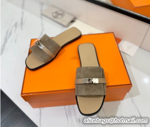 Grade Quality Hermes Giulia Flat Slides Sandal in Suede with Kelly Buckle Strap Grey 0421049