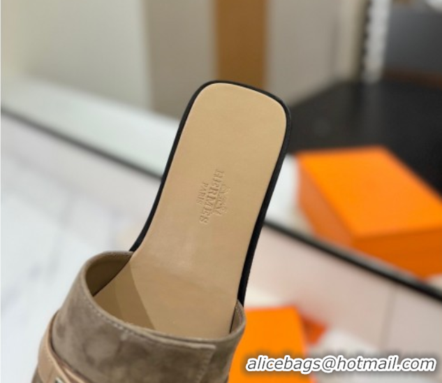 Grade Quality Hermes Giulia Flat Slides Sandal in Suede with Kelly Buckle Strap Grey 0421049