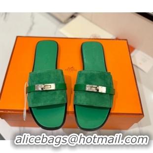 Perfect Hermes Giulia Flat Slides Sandal in Suede with Kelly Buckle Strap Green 0421050
