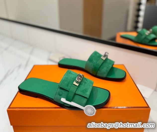Perfect Hermes Giulia Flat Slides Sandal in Suede with Kelly Buckle Strap Green 0421050