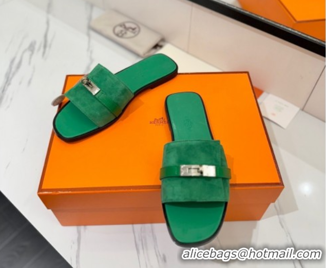 Perfect Hermes Giulia Flat Slides Sandal in Suede with Kelly Buckle Strap Green 0421050