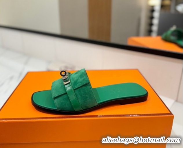 Perfect Hermes Giulia Flat Slides Sandal in Suede with Kelly Buckle Strap Green 0421050