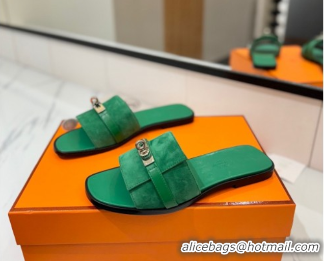 Perfect Hermes Giulia Flat Slides Sandal in Suede with Kelly Buckle Strap Green 0421050