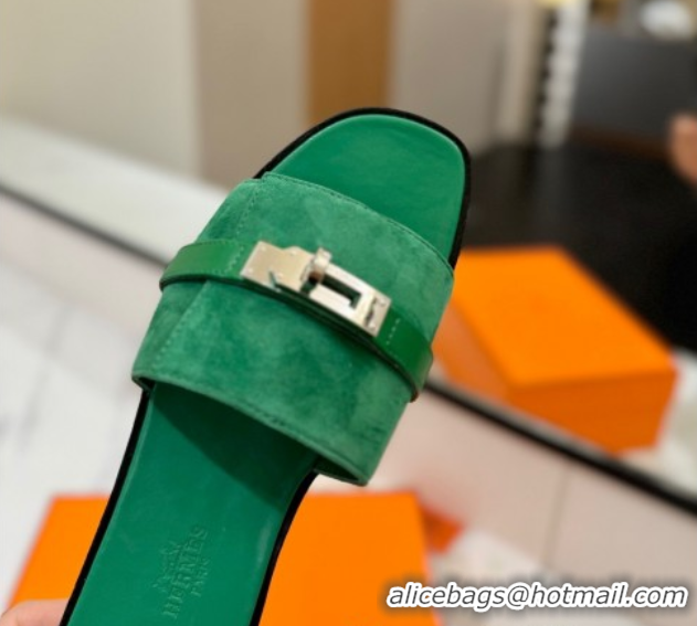 Perfect Hermes Giulia Flat Slides Sandal in Suede with Kelly Buckle Strap Green 0421050