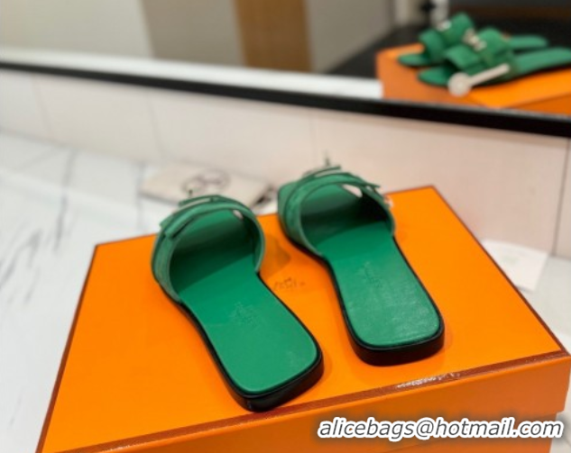 Perfect Hermes Giulia Flat Slides Sandal in Suede with Kelly Buckle Strap Green 0421050