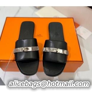 Sumptuous Hermes Giulia Flat Slides Sandal in Calfskin Leather with Kelly Buckle Strap Black 0421051