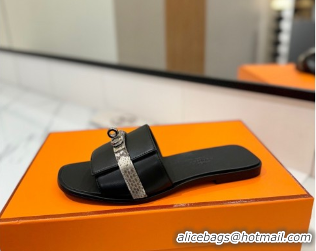 Sumptuous Hermes Giulia Flat Slides Sandal in Calfskin Leather with Kelly Buckle Strap Black 0421051