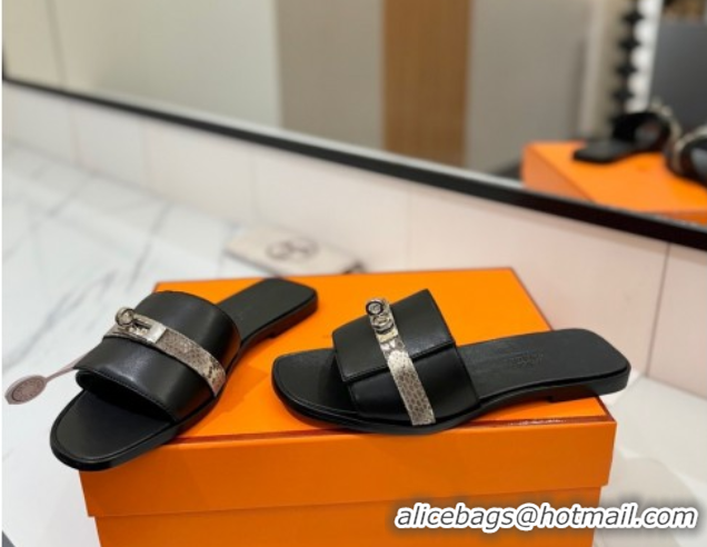 Sumptuous Hermes Giulia Flat Slides Sandal in Calfskin Leather with Kelly Buckle Strap Black 0421051