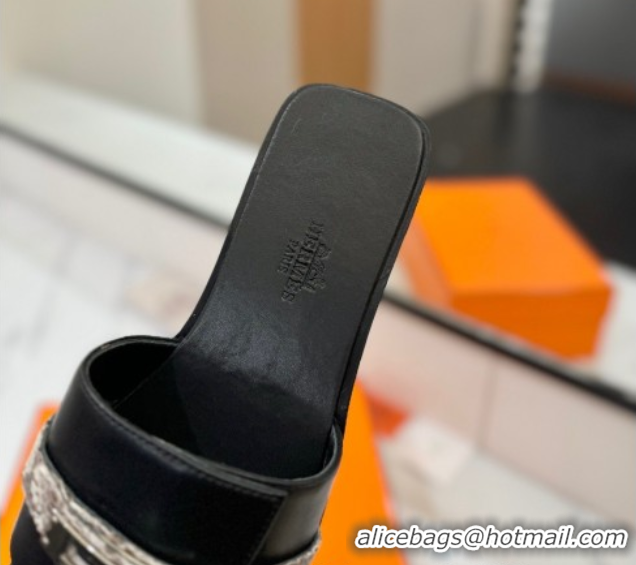 Sumptuous Hermes Giulia Flat Slides Sandal in Calfskin Leather with Kelly Buckle Strap Black 0421051