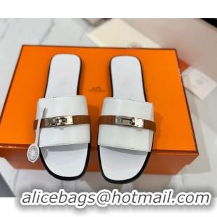 Pretty Style Hermes Giulia Flat Slides Sandal in Calfskin Leather with Kelly Buckle Strap White 0421052