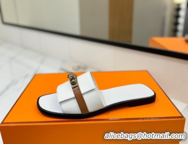 Pretty Style Hermes Giulia Flat Slides Sandal in Calfskin Leather with Kelly Buckle Strap White 0421052