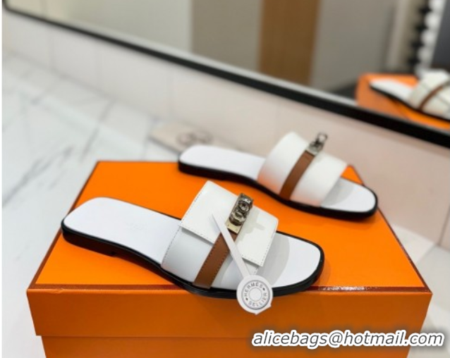 Pretty Style Hermes Giulia Flat Slides Sandal in Calfskin Leather with Kelly Buckle Strap White 0421052