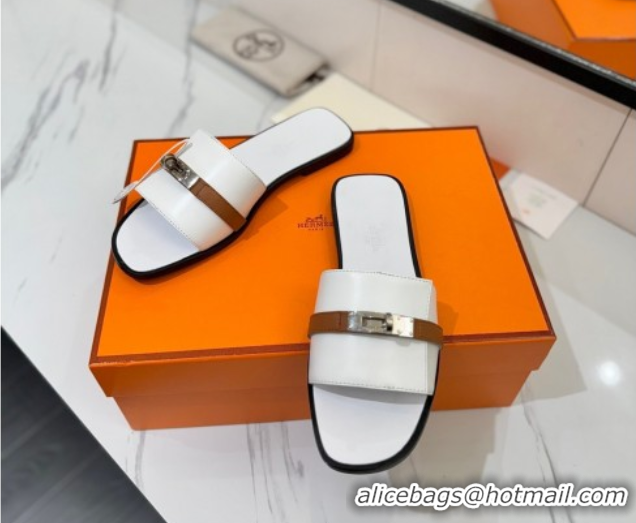Pretty Style Hermes Giulia Flat Slides Sandal in Calfskin Leather with Kelly Buckle Strap White 0421052