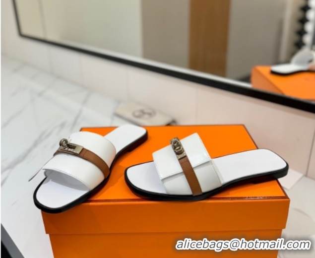 Pretty Style Hermes Giulia Flat Slides Sandal in Calfskin Leather with Kelly Buckle Strap White 0421052