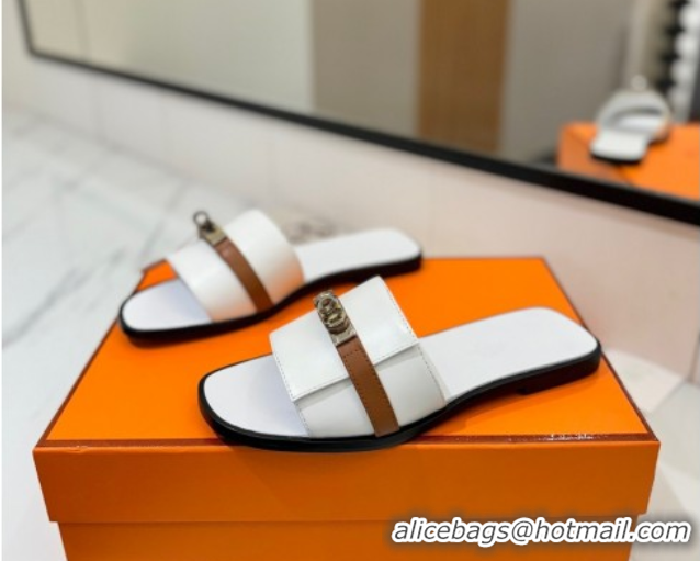 Pretty Style Hermes Giulia Flat Slides Sandal in Calfskin Leather with Kelly Buckle Strap White 0421052