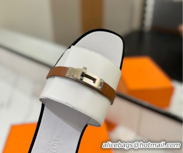 Pretty Style Hermes Giulia Flat Slides Sandal in Calfskin Leather with Kelly Buckle Strap White 0421052