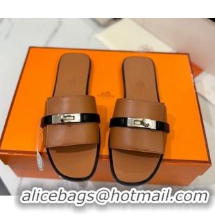 Best Price Hermes Giulia Flat Slides Sandal in Calfskin Leather with Kelly Buckle Strap Brown 0421053