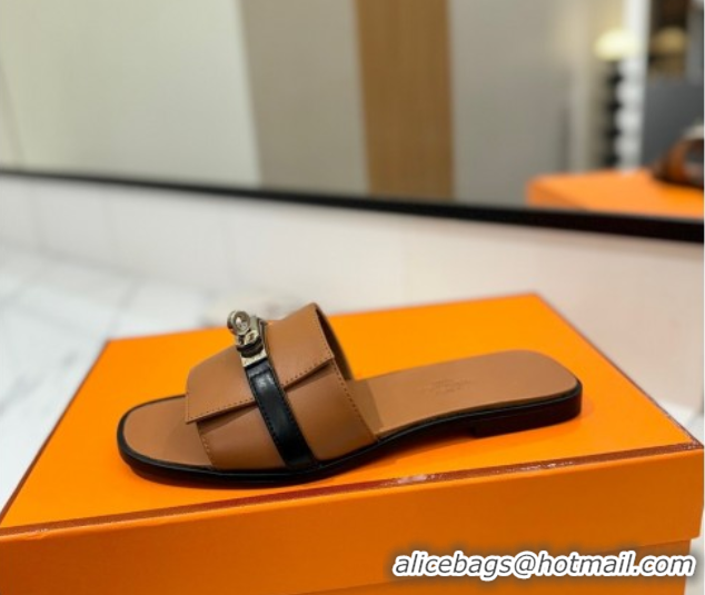 Best Price Hermes Giulia Flat Slides Sandal in Calfskin Leather with Kelly Buckle Strap Brown 0421053