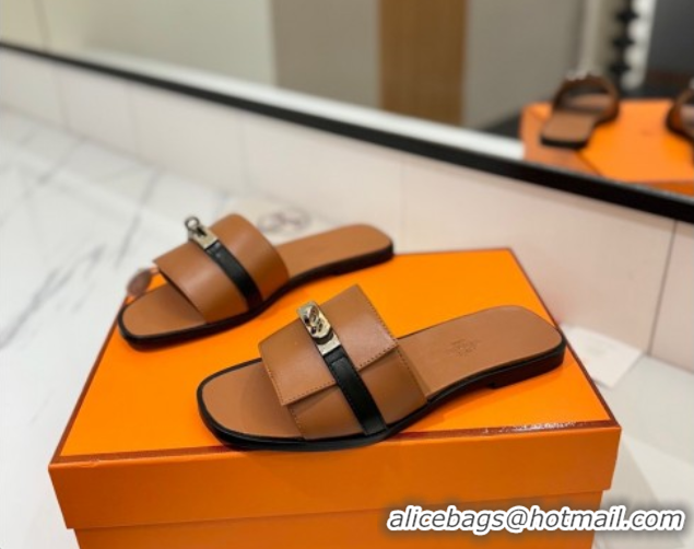 Best Price Hermes Giulia Flat Slides Sandal in Calfskin Leather with Kelly Buckle Strap Brown 0421053
