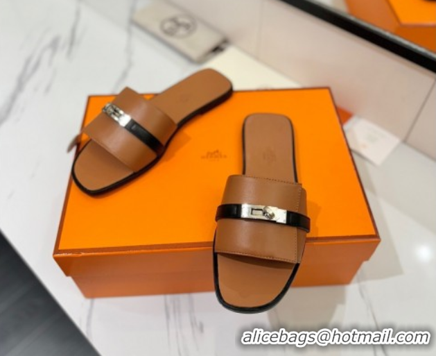 Best Price Hermes Giulia Flat Slides Sandal in Calfskin Leather with Kelly Buckle Strap Brown 0421053
