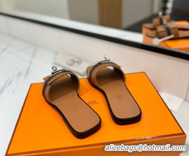 Best Price Hermes Giulia Flat Slides Sandal in Calfskin Leather with Kelly Buckle Strap Brown 0421053