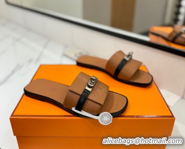 Best Price Hermes Giulia Flat Slides Sandal in Calfskin Leather with Kelly Buckle Strap Brown 0421053