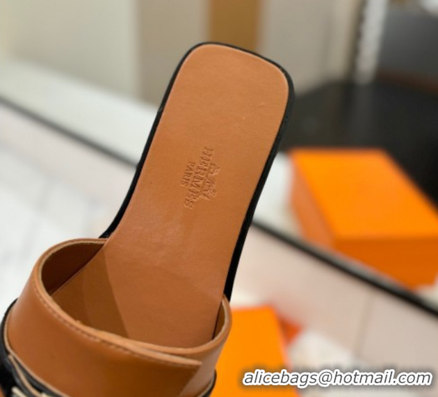 Best Price Hermes Giulia Flat Slides Sandal in Calfskin Leather with Kelly Buckle Strap Brown 0421053