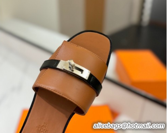 Best Price Hermes Giulia Flat Slides Sandal in Calfskin Leather with Kelly Buckle Strap Brown 0421053