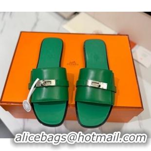 Good Quality Hermes Giulia Flat Slides Sandal in Smooth Calfskin with Kelly Buckle Strap Green 0421054