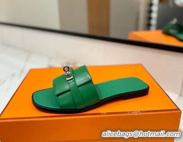 Good Quality Hermes Giulia Flat Slides Sandal in Smooth Calfskin with Kelly Buckle Strap Green 0421054