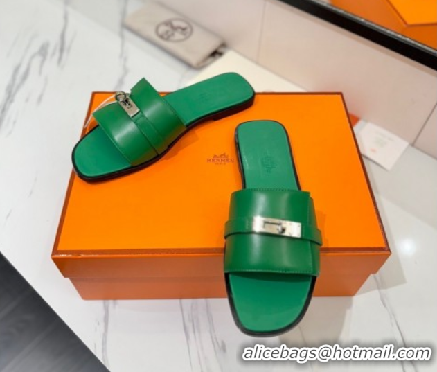 Good Quality Hermes Giulia Flat Slides Sandal in Smooth Calfskin with Kelly Buckle Strap Green 0421054