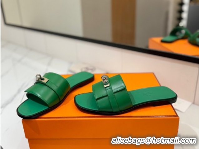 Good Quality Hermes Giulia Flat Slides Sandal in Smooth Calfskin with Kelly Buckle Strap Green 0421054