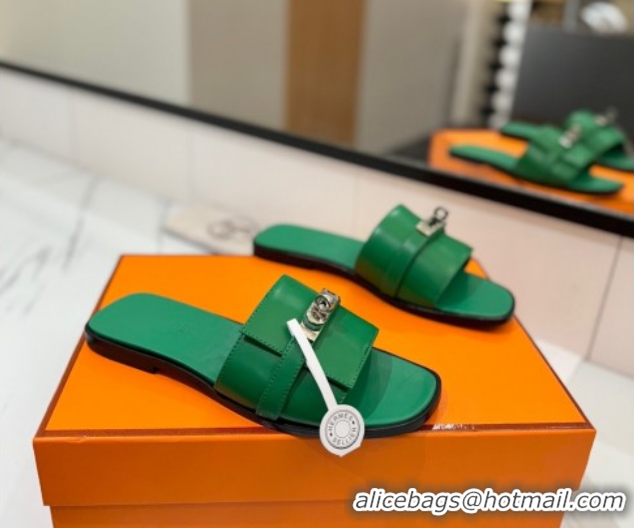 Good Quality Hermes Giulia Flat Slides Sandal in Smooth Calfskin with Kelly Buckle Strap Green 0421054