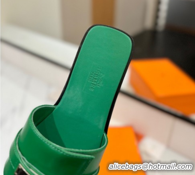 Good Quality Hermes Giulia Flat Slides Sandal in Smooth Calfskin with Kelly Buckle Strap Green 0421054