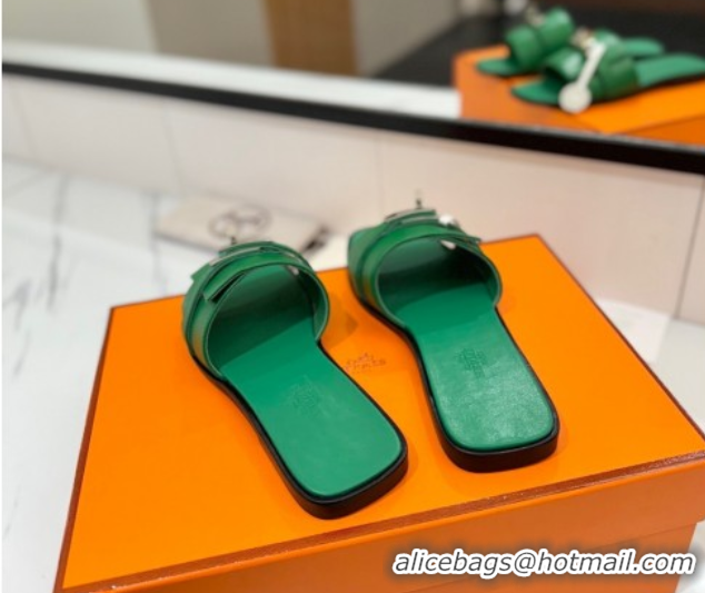Good Quality Hermes Giulia Flat Slides Sandal in Smooth Calfskin with Kelly Buckle Strap Green 0421054
