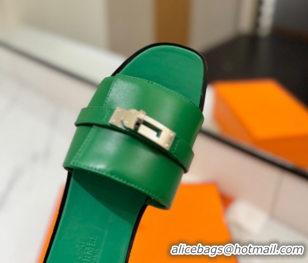 Good Quality Hermes Giulia Flat Slides Sandal in Smooth Calfskin with Kelly Buckle Strap Green 0421054
