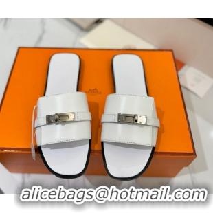 Good Looking Hermes Giulia Flat Slides Sandal in Smooth Calfskin with Kelly Buckle Strap White 0421055