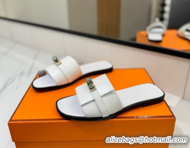 Good Looking Hermes Giulia Flat Slides Sandal in Smooth Calfskin with Kelly Buckle Strap White 0421055