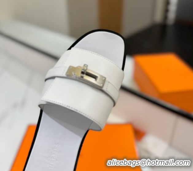 Good Looking Hermes Giulia Flat Slides Sandal in Smooth Calfskin with Kelly Buckle Strap White 0421055