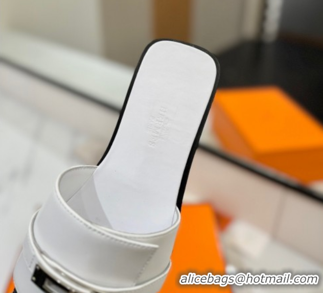 Good Looking Hermes Giulia Flat Slides Sandal in Smooth Calfskin with Kelly Buckle Strap White 0421055