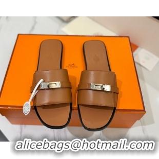 Purchase Hermes Giulia Flat Slides Sandal in Smooth Calfskin with Kelly Buckle Strap Brown 0421057